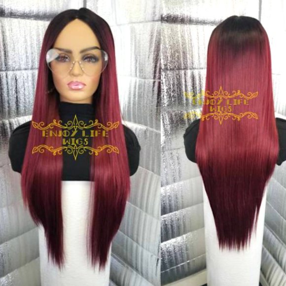 Celebrity Human hair burgundy ombre lace part wig